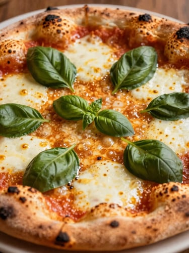A perfect wood-fired pizza with bubbling mozzarella and fresh basil leaves, crust showing beautiful dark leopard spots, warm golden lighting