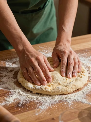 Hands kneading soft pizza dough on a flour-dusted wooden table, natural afternoon light, rustic Mediterranean kitchen setting, warm clay tones