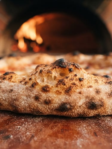 Close-up of a rustic sourdough pizza crust with beautiful airy charred bubbles, soft warm oven glow in the background, rich terracotta tones, shallow depth of field, 35mm photography