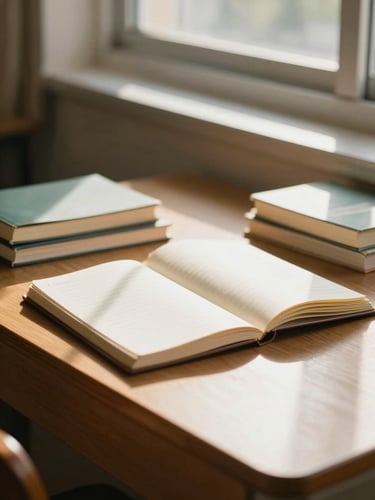 Close view of a wooden teacher's desk beside a sunlit window, an open notebook and a few books arranged naturally, warm afternoon daylight casting soft shadows, no people, matter-of-fact and unhurried