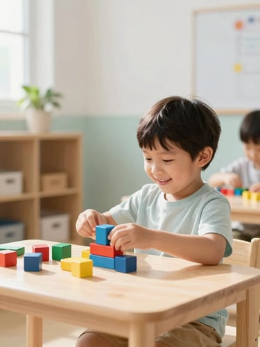 Bright sunlit preschool classroom with natural daylight, a child smiling while playing with colorful wooden blocks on a low wooden table, soft pastel tones, shallow depth of field.