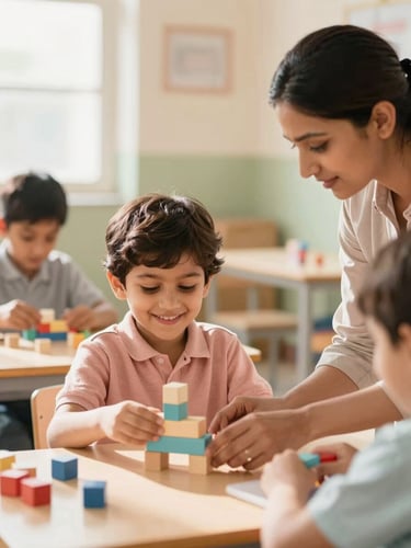 Candid medium shot of a teacher guiding a smiling child with building blocks in a sunlit Jaipur classroom, warm natural daylight, soft pastel tones, shallow depth of field