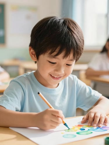 Candid medium shot of a young child smiling and painting with watercolor on paper, bright sunlit classroom, soft natural daylight, shallow depth of field, warm academic aesthetic
