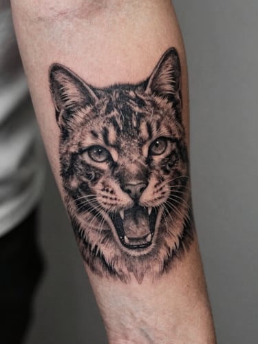 Extreme close-up of a finished black-and-grey tattoo on the inner forearm, sharp linework and shading visible on skin under natural daylight, high contrast, no color grading
