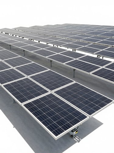 Industrial solar installation in East Africa, wide environmental engineering shot, bright high-contrast daylight, sharp architectural shadows
