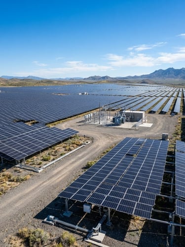 Wide-angle architectural shot of a megawatt-scale solar array in bright daylight, sharp clean lines, industrial engineering style