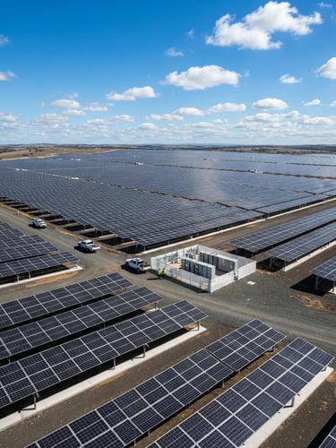 Sharp industrial photography of a massive grid-tied solar farm in bright daylight, high-contrast clean white and deep grey structures, wide-angle architectural lens, expansive sky.