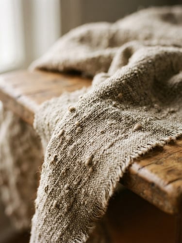 Macro detail shot of heavy raw linen fabric weave, showing natural slubs and textured variations, draped over warm wooden bench, soft afternoon window light, shallow depth of field, 35mm
