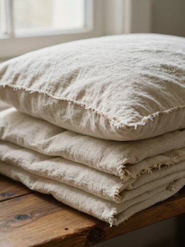 Folded stack of raw linen pillow covers showing thick textured edges and natural slubs, draped over a wooden bench, soft afternoon window light, warm editorial 35mm