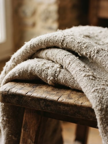 Macro detail of heavy-weave linen blanket draped over a rustic oak stool, soft afternoon window light casting gentle shadows on the raw slubs, warm editorial 35mm photography