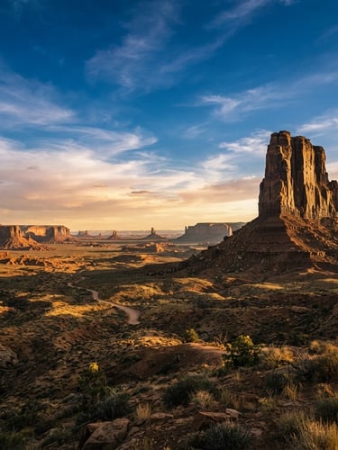 Wide panoramic Utah high-desert landscape at golden hour, a rugged butte dominating the right third, expansive sky, harsh shadows, deep blue and warm gold tones.