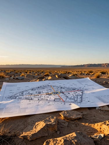 Wide panoramic Utah desert at golden hour, a detailed engineering site plan drawing partially laid over the rugged terrain, blending old and new, low horizon, warm gold light.