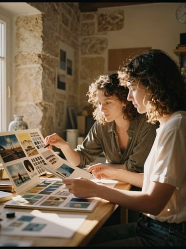 Warm editorial travel photography of a creative couple reviewing a mood board in a sun-lit stone studio, 35mm film aesthetic.