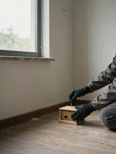 Wide environmental shot of a technician's gloved hands placing a rodent bait station against a skirting board in an empty utility room, natural daylight entering from a side window, floor-level framing showing the room corner in sharp focus