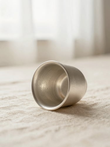Macro detail shot of a delicate silver baby cup resting on textured linen under soft morning window light, shallow depth of field