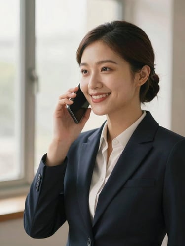 Portrait of a dedicated travel agent, mid-shot, smiling warmly while on a phone call, soft natural window light, warm tones, professional yet approachable.
