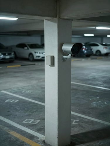 Corner-angle composition from slightly above, a fixed bullet camera mounted on a parking structure pillar overlooking an empty after-hours surface lot, cool sodium-tinted low light, the camera lens sharp in the foreground while lane markings and parked cars recede into shadow behind it — no people visible