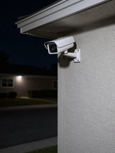 Corner-angle overhead shot: a security camera mounted on the upper corner of a residential garage wall at night, cool low-light scene showing an empty driveway below with faint ambient street lighting — the camera lens sharp and precise, the concrete surface detailed, no people, documentary surveillance framing
