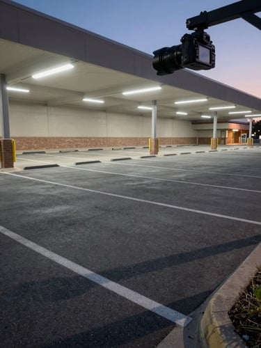 Wide-angle view from a camera mounted at the corner of a parking lot adjacent to a commercial building at dusk, empty parking bays stretching into the frame, precise cool-white LED lighting overhead, the camera bracket and lens visible at the top-right corner of the composition, long shadows across the tarmac