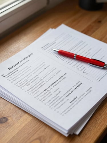 Overhead close-up of a stack of printed French and Spanish worksheets on a warm wooden desk, a red pen resting across the top page, soft natural window light from the left, paper texture visible