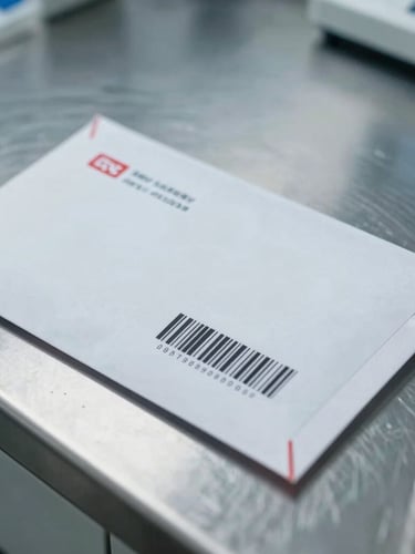 Macro close-up of a sealed security envelope with a unique tracking barcode, resting on a sterile stainless steel laboratory bench, bright cool-toned clinical lighting.