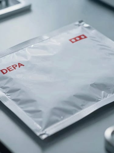 Macro shot of a sealed high-security clinical envelope on a sterile laboratory desk, cool bright lighting, metallic reflections, precise and clean atmosphere