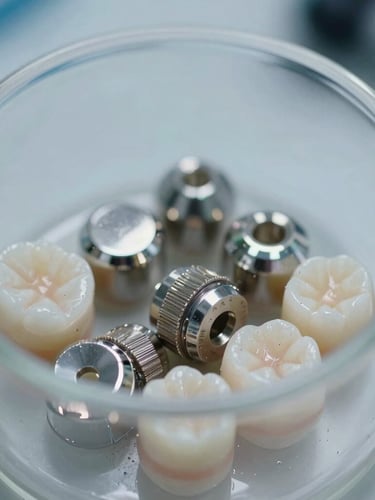 Macro close-up of raw dental alloys and metallic dust inside a sterile laboratory container, bright clinical cool-toned lighting, sharp reflections, high-tech environment