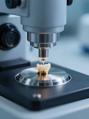 Macro close-up of high-tech spectrometer analysis of precious dental alloys in a sterile laboratory, cool blue clinical lighting, sharp metallic reflections.