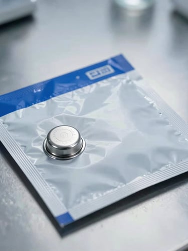 Macro photograph of a sealed blue and silver tamper-evident security envelope on a sterile metal laboratory counter, cool clinical lighting, sharp metallic reflections.