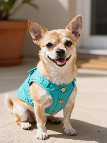 A happy small dog wearing a vibrant turquoise woven vest, sitting comfortably on a sunny patio, warm natural daylight, 35mm