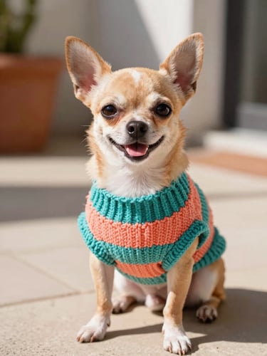 A happy small chihuahua wearing a colorful hand-woven turquoise sweater, sitting in warm natural sunlight on a patio, close-up shot, 35mm
