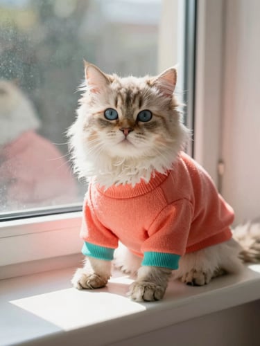 Warm editorial portrait of a fluffy cat wearing a perfectly fitting custom-made coral sweater, resting comfortably on a sunny window sill, shallow depth of field