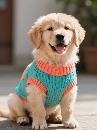 A happy small golden retriever puppy sitting comfortably wearing a colorful hand-woven turquoise pet sweater, warm natural daylight, shallow depth of field