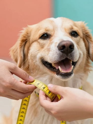 Close-up of hands gently measuring a happy dog with a soft yellow measuring tape, warm natural daylight, shallow depth of field, 35mm