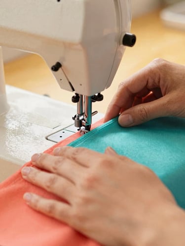Close-up of hands guiding a colorful turquoise fabric through a vintage sewing machine in a warm workshop, soft golden hour light, 35mm