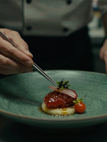 Moody close-up of a chef plating a dish with tweezers under soft side-light, dark green and carmine tones, 35mm photography
