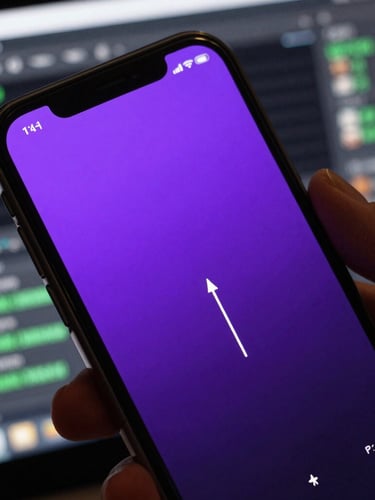 Macro close-up of a mobile device held in hand, displaying a gameplay loop with high-contrast electric violet UI overlays, background showing a blurred Unity editor screen with cyber green highlights.