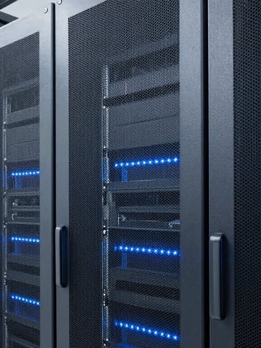 A crisp architectural shot of a modern clean server room with cool-toned blue LED lights, sharp focus, 35mm lens