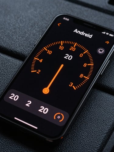 Detailed close-up of an Android phone mounted on a textured dashboard, showing a skeuomorphic fuel calculator app with glowing orange dials and crisp monospace typography.