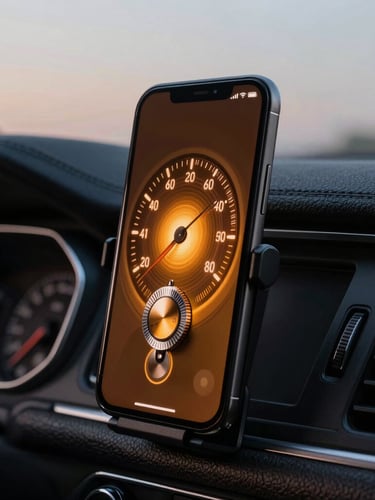 Macro close-up of an Android phone mounted on a rugged leather car dashboard at twilight, displaying a glowing amber skeuomorphic widget with tactile dials and analog speedometers, soft cabin interior lighting.