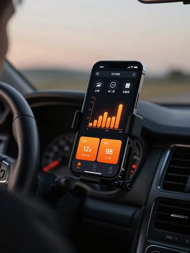 Tight over-the-shoulder shot of a smartphone mounted on a rugged car dashboard at twilight, displaying a high-fidelity vector interface of a glowing orange fuel calculator widget.