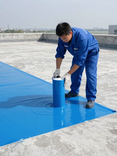 Professional industrial photography of a technician applying a thick blue liquid waterproofing membrane to a clean concrete roof slab under bright daylight, sharp focus