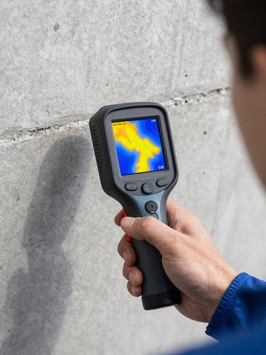 Close-up of a handheld thermal imaging scanner screen displaying bright yellow and deep blue heat signatures of water leakage on a concrete wall, held by a technician