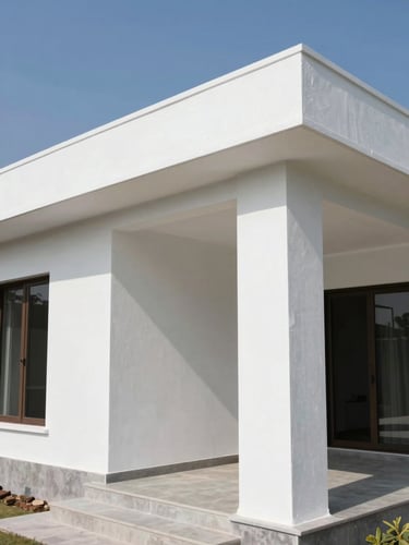 Close-up of a modern Indian villa terrace with flawless white waterproof coating under bright natural daylight, sharp focus