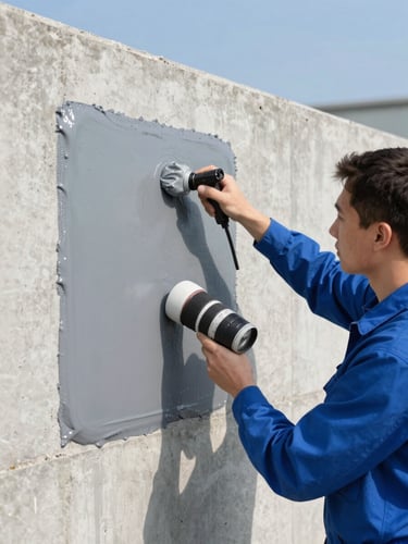 Professional industrial photography of a technician applying a gray multi-layer waterproofing chemical barrier to a concrete wall, bright natural daylight, 35mm lens