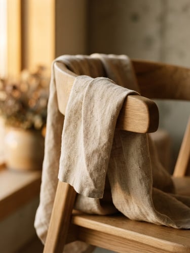 Close-up of textured linen draped over a minimalist wooden chair, bathed in warm golden-hour window light, soft shadows, slightly off-center composition, 35mm.