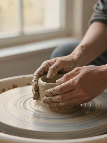Close-up portrait of skilled hands shaping raw clay on a potter's wheel, soft golden-hour window light, focusing on texture and material quality, slightly off-center.