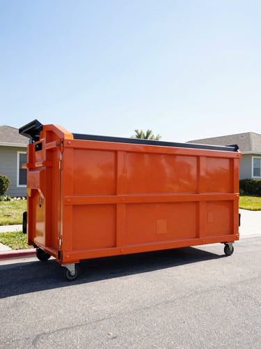 Clean, branded Prime Dumpster Solutions roll-off dumpster being carefully placed on a residential driveway in Long Beach, bright midday sun, high contrast, wide-angle lens