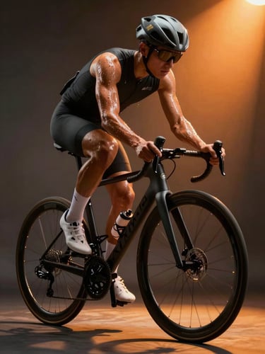 Low-angle dynamic shot of an indoor cyclist sweating under dramatic orange spotlighting, dark studio background, high-intensity motion blur on the wheels.