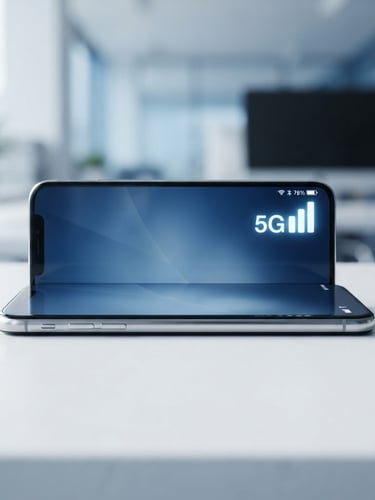A modern smartphone showing a full 5G signal indicator, resting on a sleek white office desk, soft professional blue lighting, sharp focus, 35mm lens